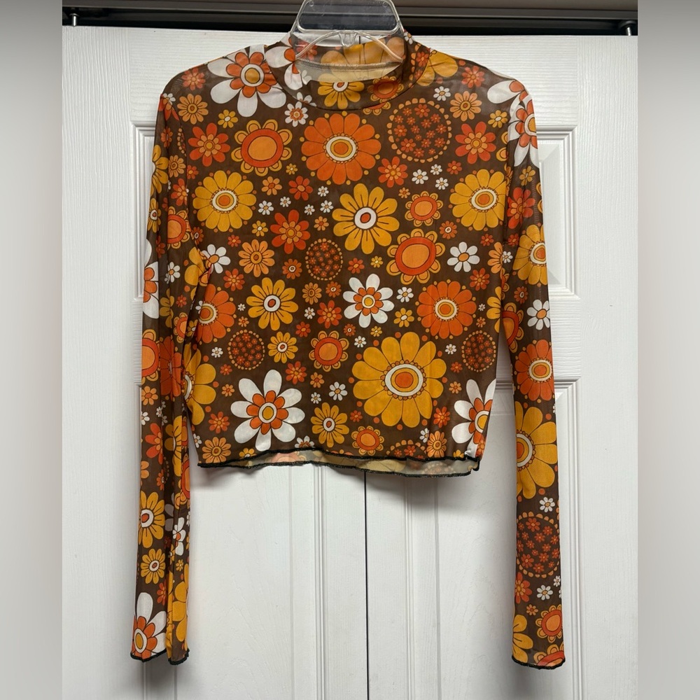 New women’s floral 70s top hippie sheer mesh shirt disco boho crop top size L - Picture 2 of 4